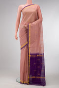 Peach Dual Tone Uppada Cotton Saree with Zari Butta on the body and Zari Border.  displayed on a mannequin