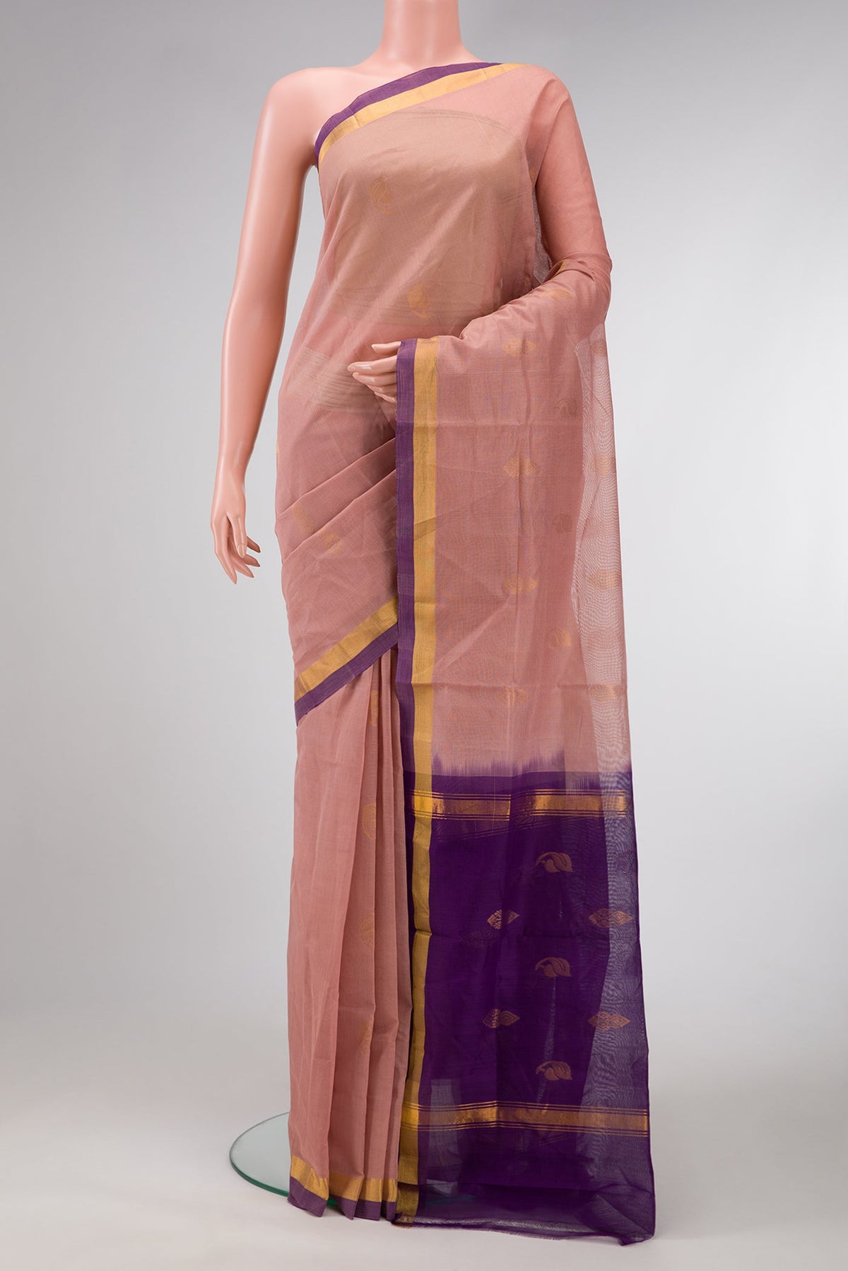 Peach Dual Tone Uppada Cotton Saree with Zari Butta on the body and Zari Border.  displayed on a mannequin