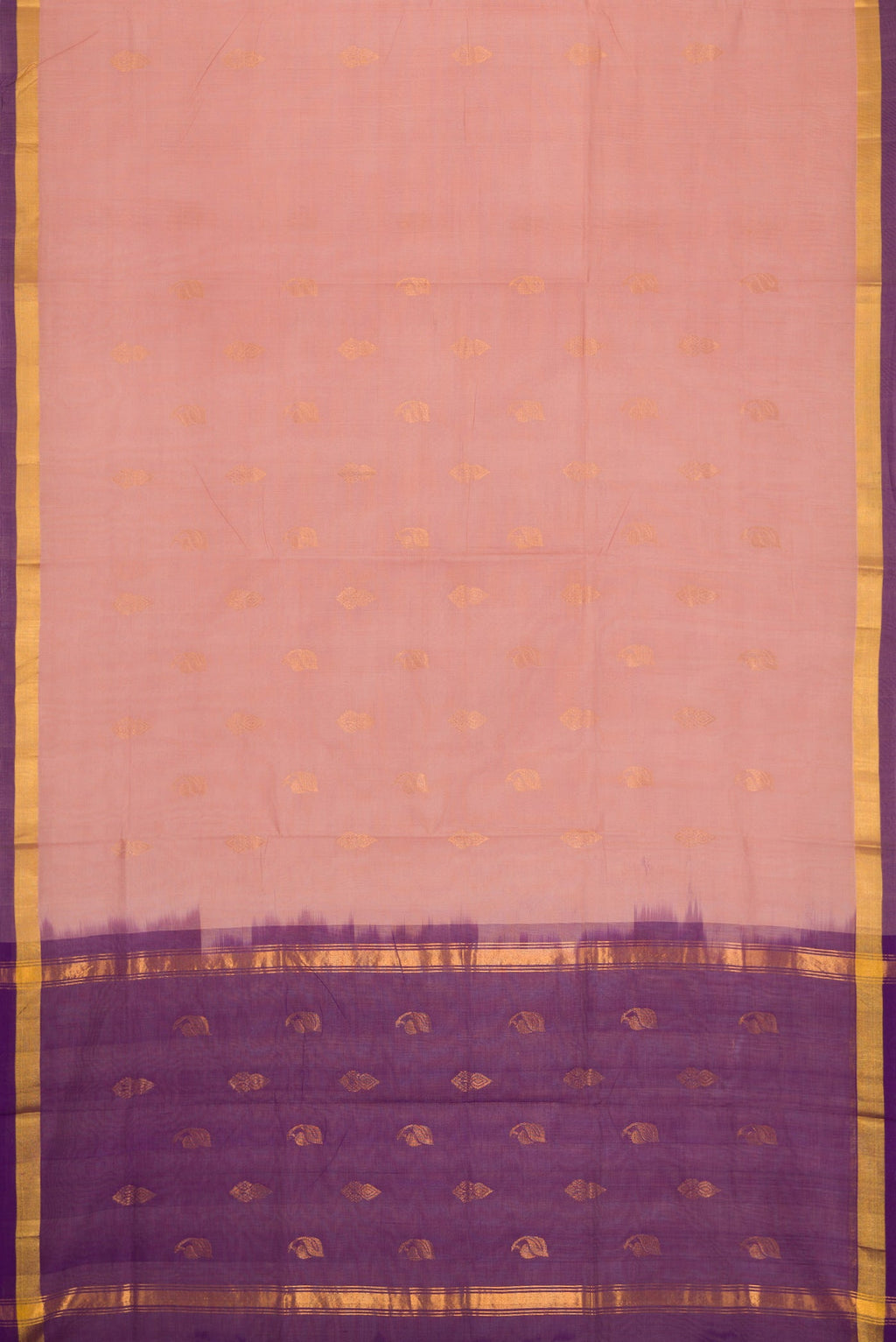 Flat view of Peach Dual Tone Uppada Cotton Saree with Zari Butta on the body and Zari Border. 