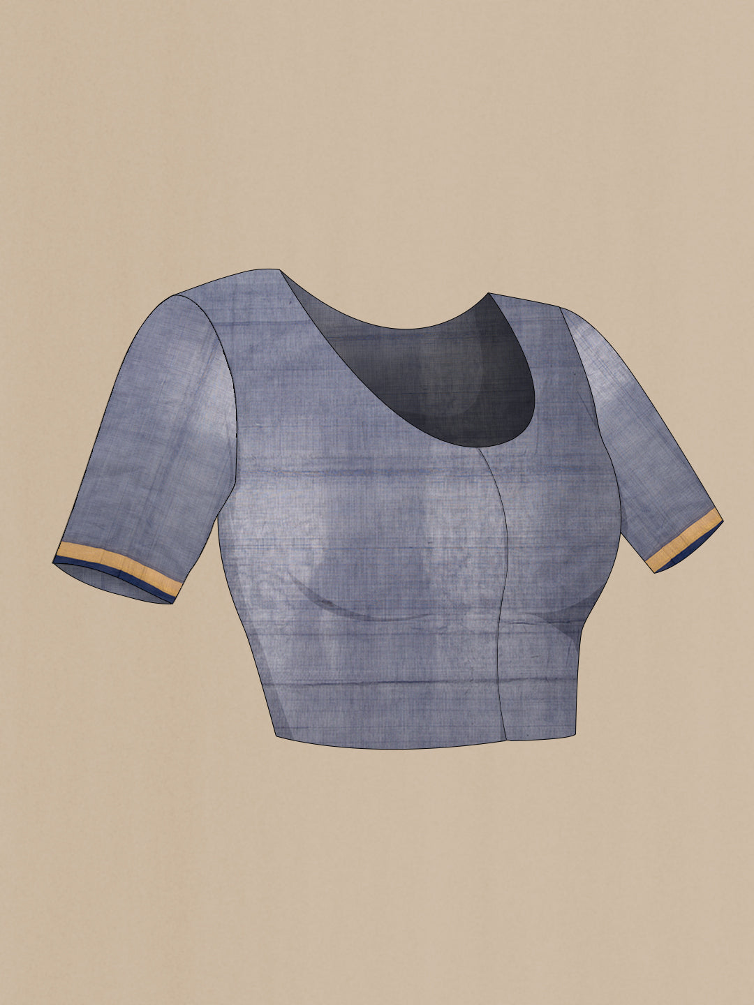 Close up image of the blouse of Grey Dual Tone Uppada Cotton Saree with Zari Butta on the body and Zari Border. 