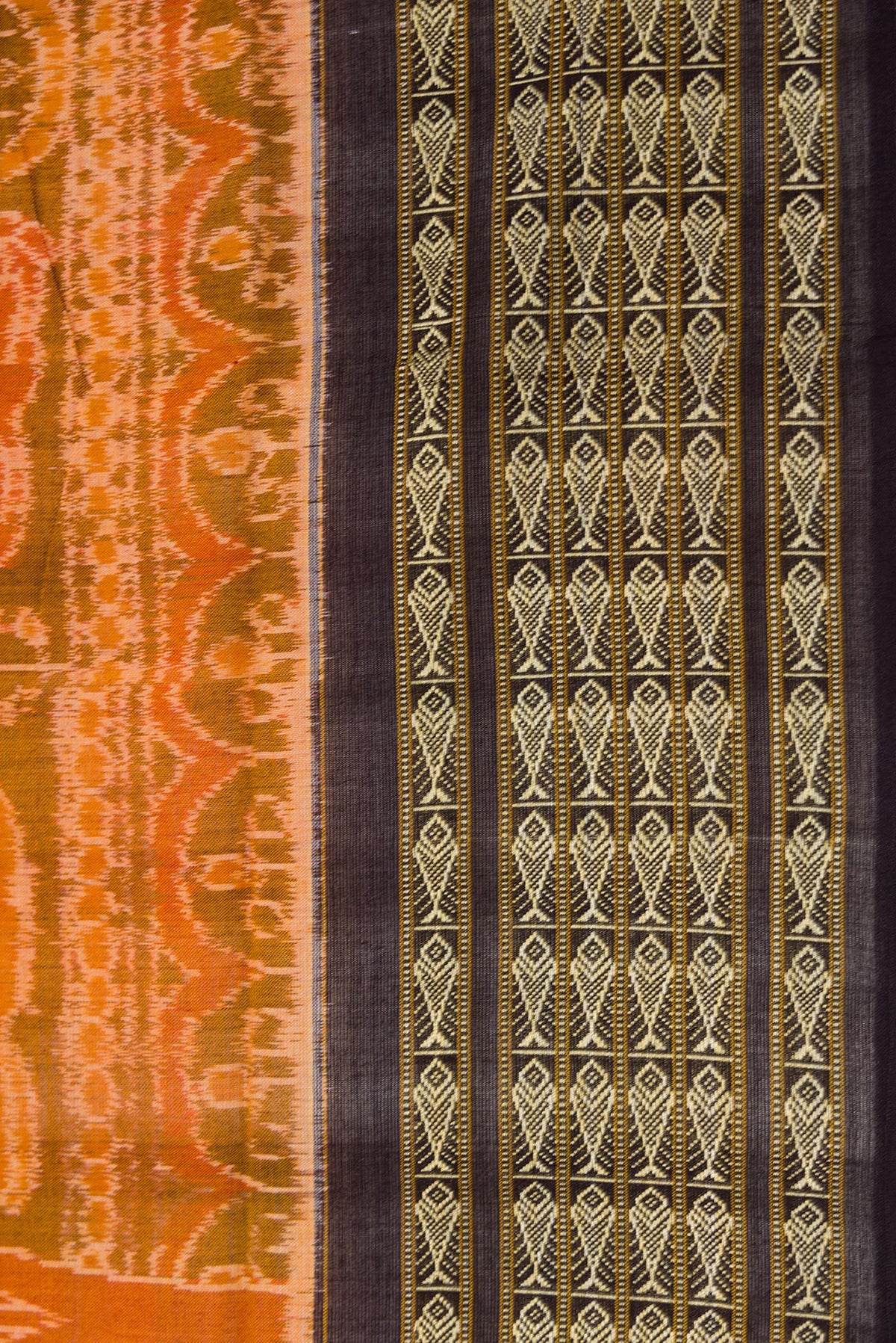 Border image of Mustard Dual Tone Double Ikat Saree with Ikat Print on the body and Thread Border. 