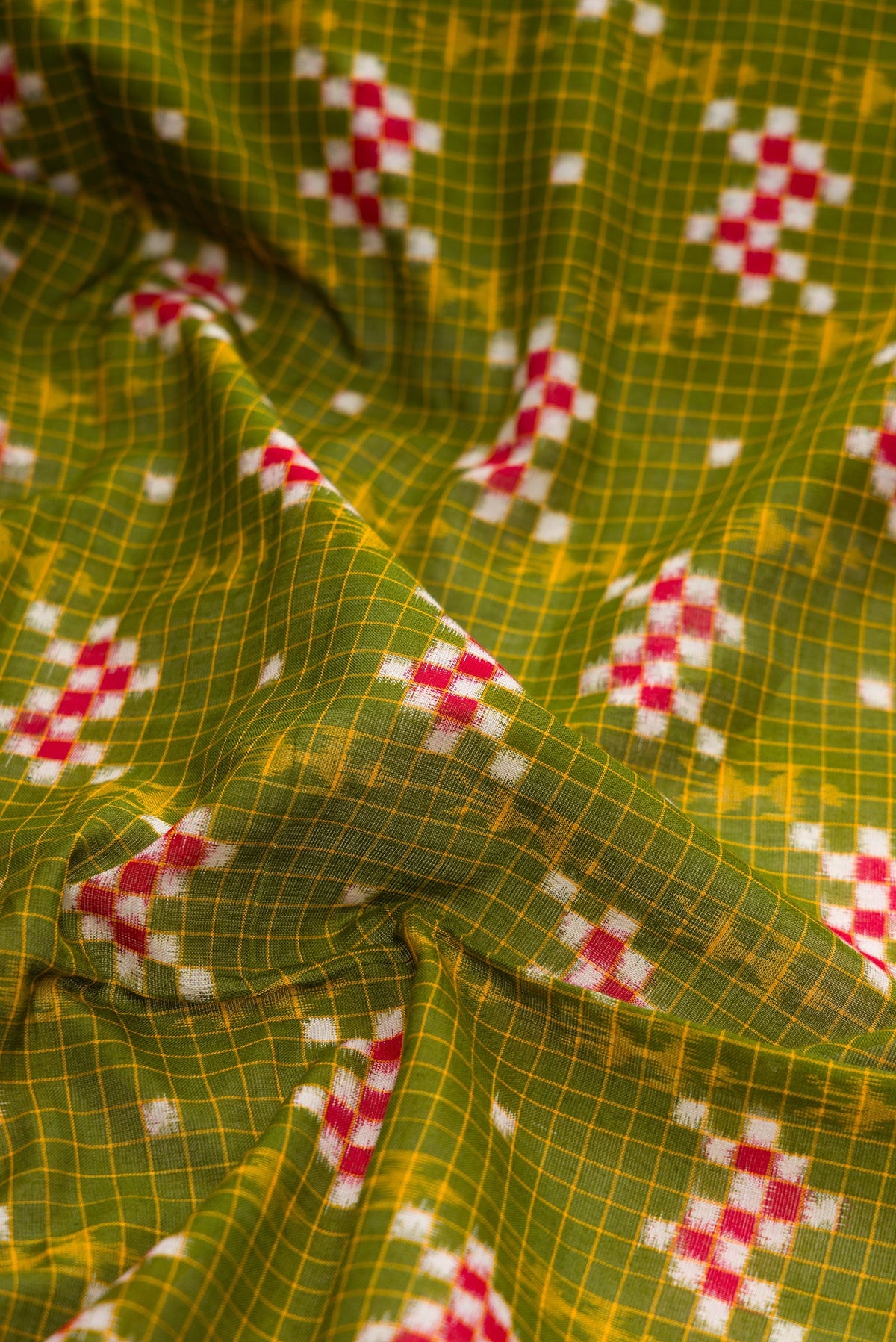 Close up of Green Dual Tone Double Ikat Saree with Ikat Print on the body and Thread Border.  displaying folds