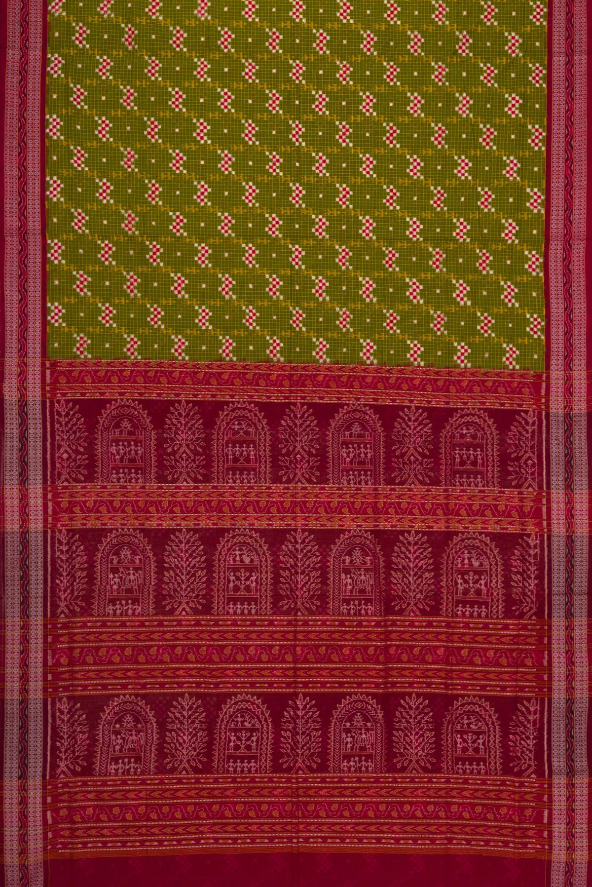 Flat view of Green Dual Tone Double Ikat Saree with Ikat Print on the body and Thread Border. 