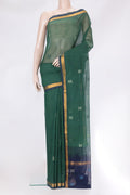 Bottle Green Uppada Cotton Saree with Thread Butta on the body and Zari Border.  displayed on a mannequin