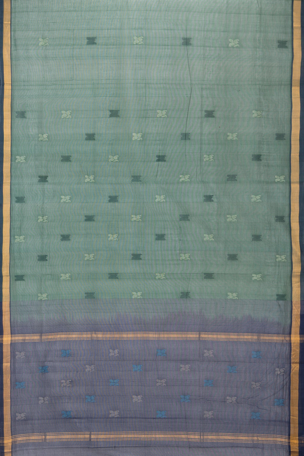 Flat view of Bottle Green Uppada Cotton Saree with Thread Butta on the body and Zari Border. 