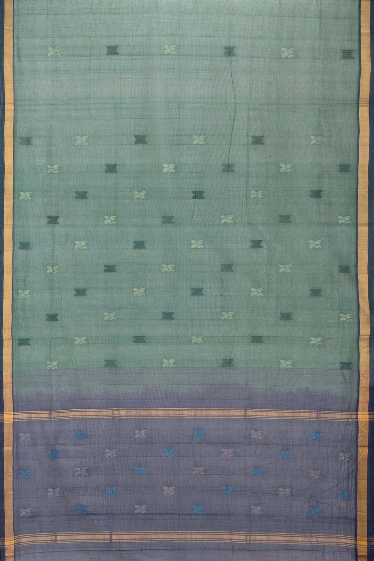 Flat view of Bottle Green Uppada Cotton Saree with Thread Butta on the body and Zari Border. 