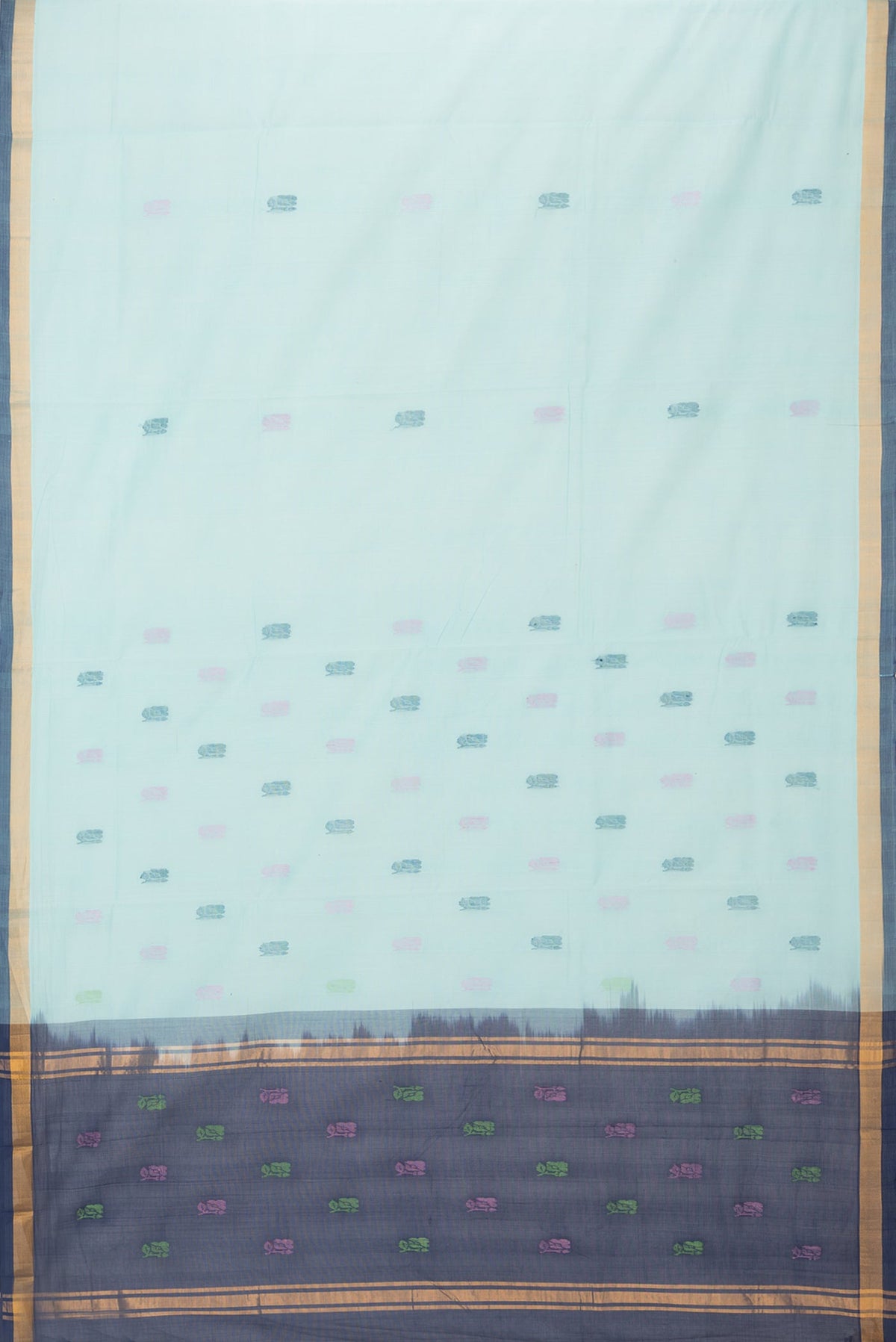 Flat view of Sky Blue Uppada Cotton Saree with Thread Butta on the body and Zari Border. 