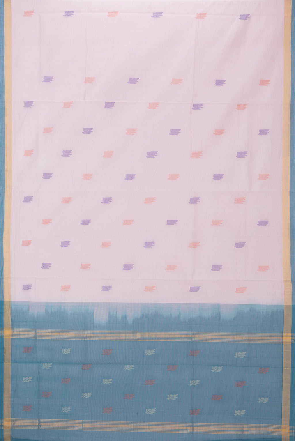 Flat view of Pink Uppada Cotton Saree with Thread Butta on the body and Zari Border. 