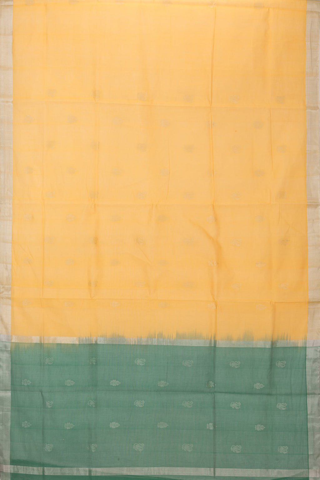 Flat view of Yellow Uppada Cotton Saree with Zari Butta on the body and Zari Border. 