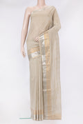 Beige Uppada Cotton Saree with Zari Butta on the body and Zari Border.  displayed on a mannequin