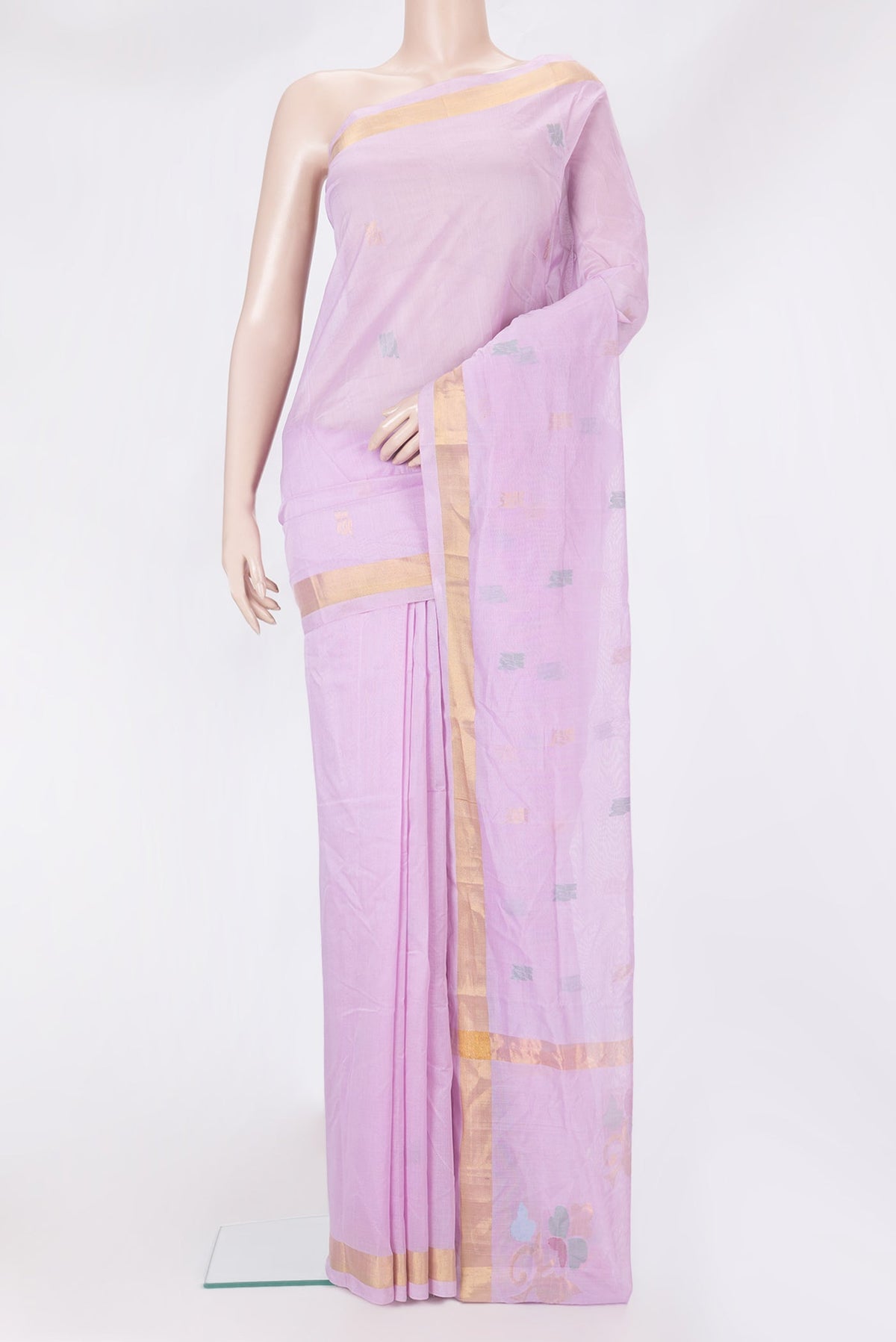 Lavender Uppada Cotton Saree with Zari And Thread Butta on the body and Zari Border.  displayed on a mannequin