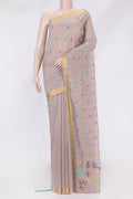 Beige Uppada Cotton Saree with Thread Butta on the body and Zari Border.  displayed on a mannequin