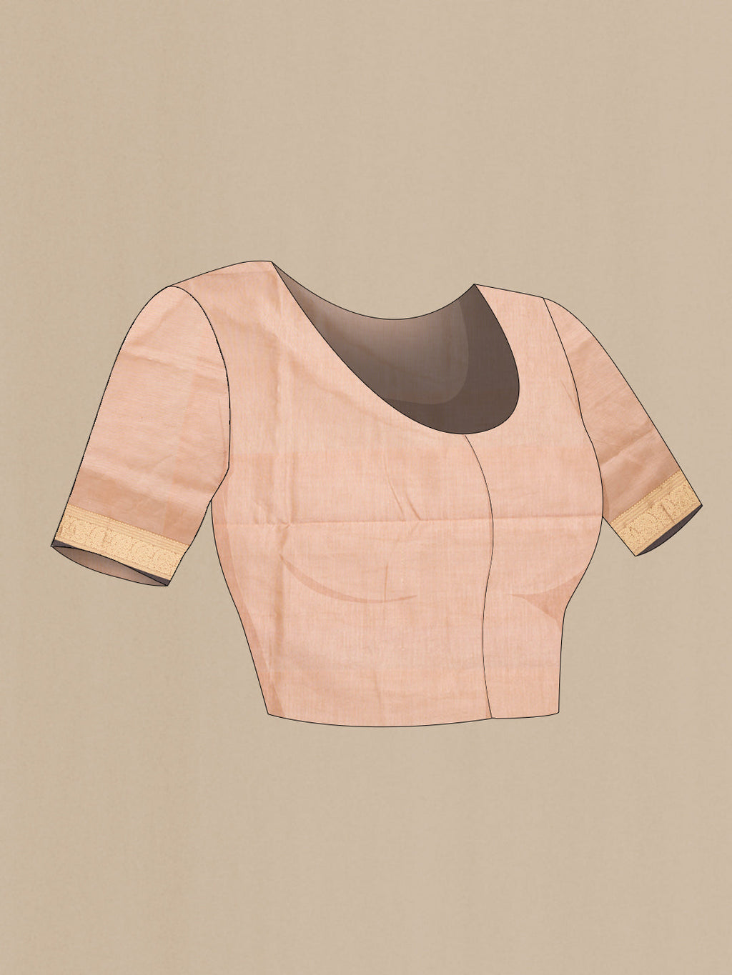 Close up image of the blouse of Peach Dual Tone Silk Cotton Saree with Zari Butta on the body and Zari Border. 