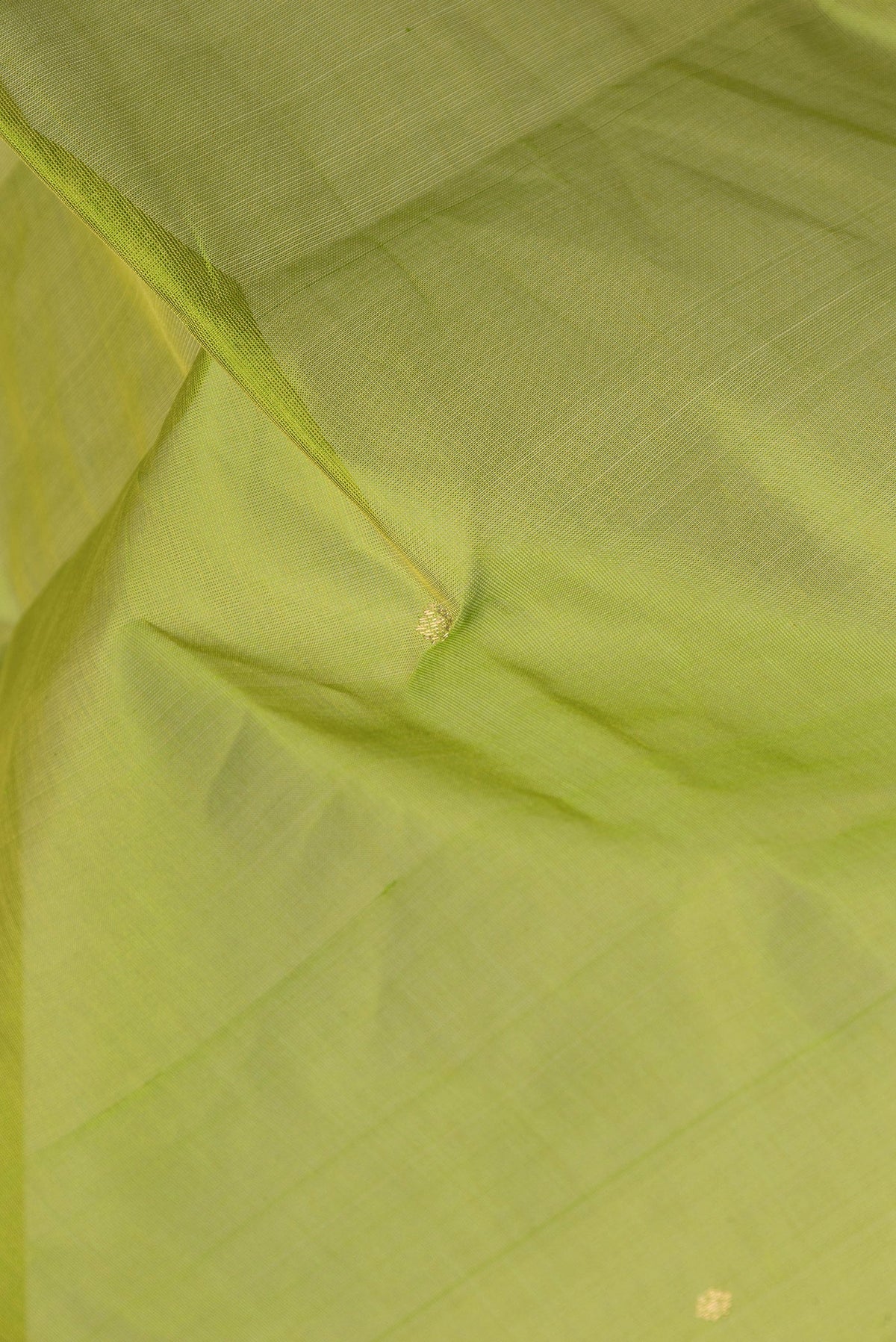 Close up of Parrot Green Dual Tone Silk Cotton Saree with Zari Butta on the body and Zari Border.  displaying folds