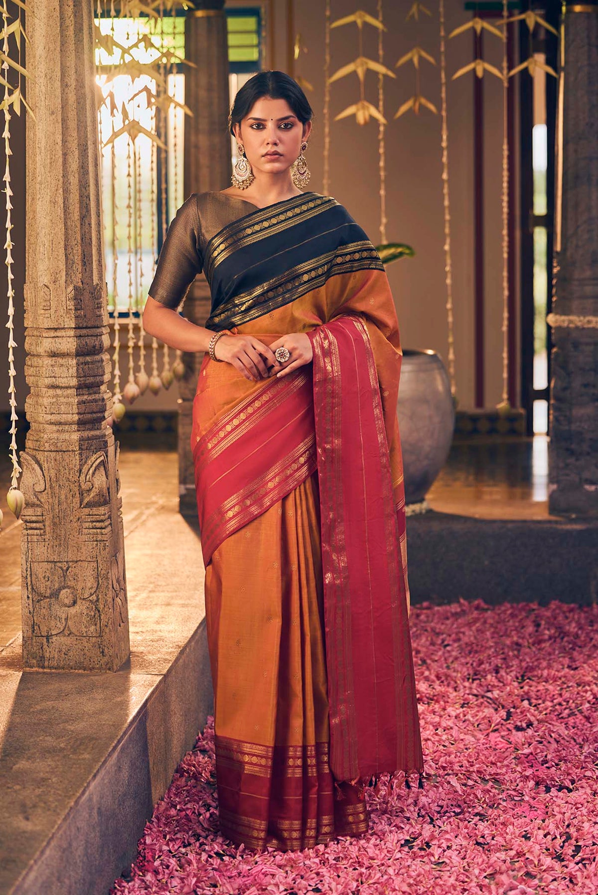Kamala-Pure Silk Pure Gold Zari Mustard with Red Dual Tone Kanchipuram Saree