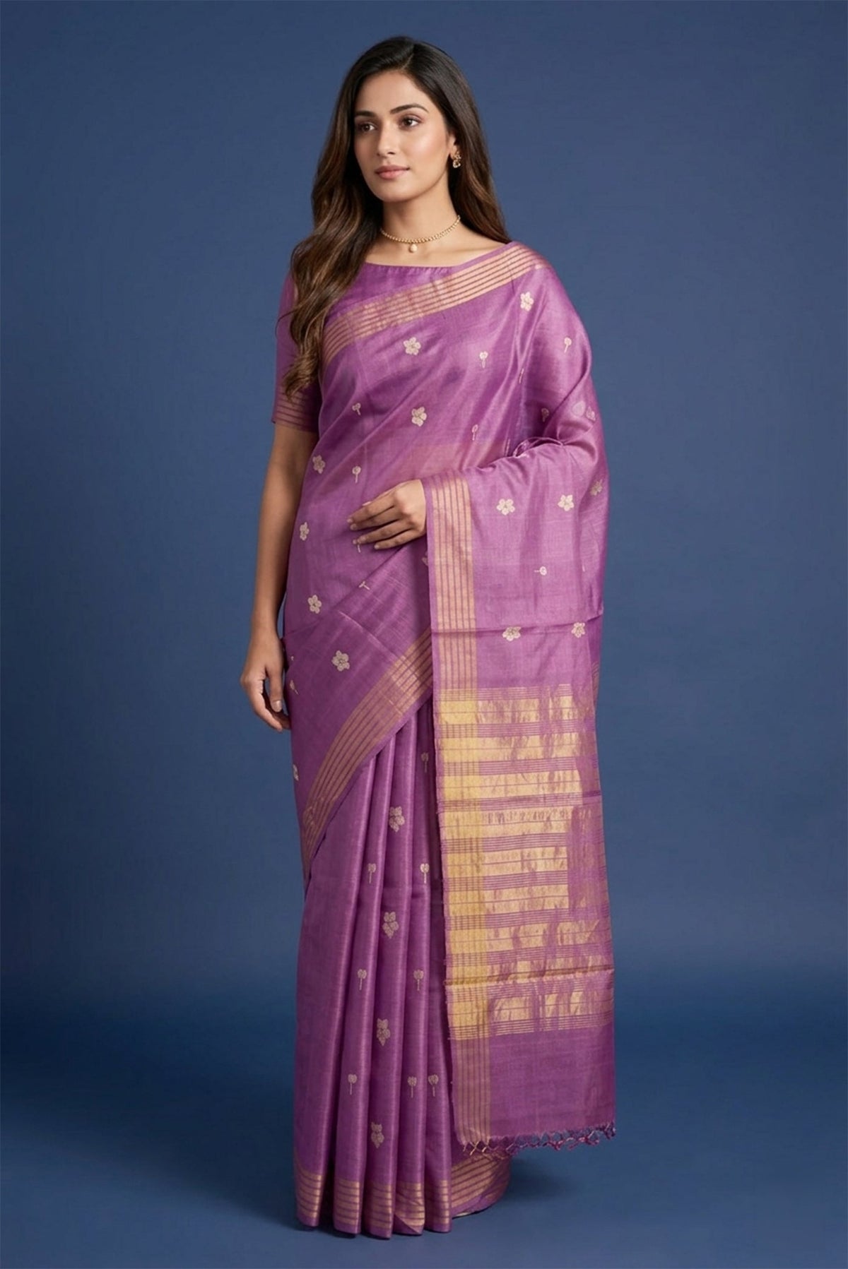 Model wearing a Perfume of Love-Purple Bhagalpuri Tussar Silk Saree