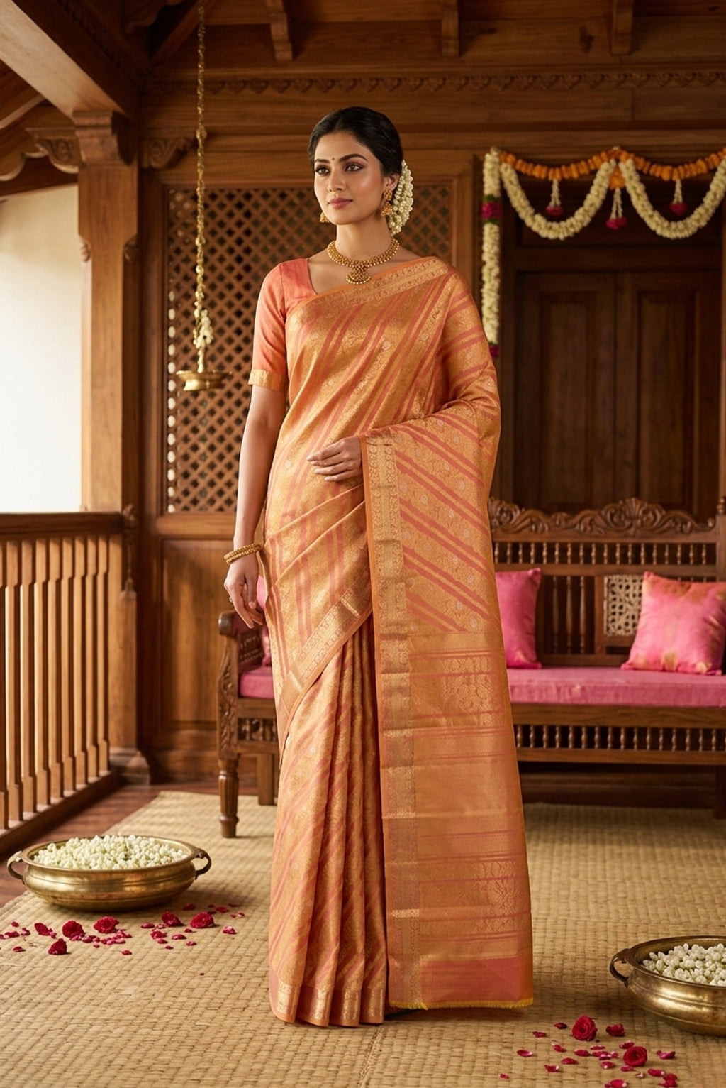 Model wearing a Rohini-Light Pink with Yellow Dual Tone Kanchipuram Silk Saree
