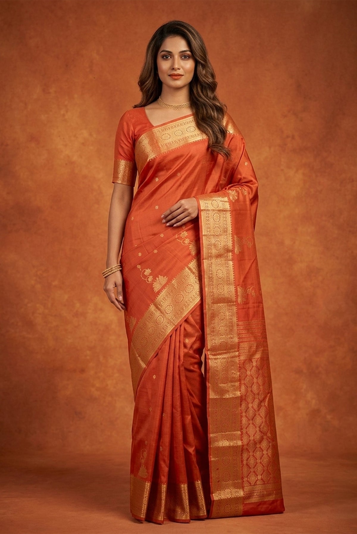 Model wearing a Tarangini-Orange Kanchipuram Silk Saree