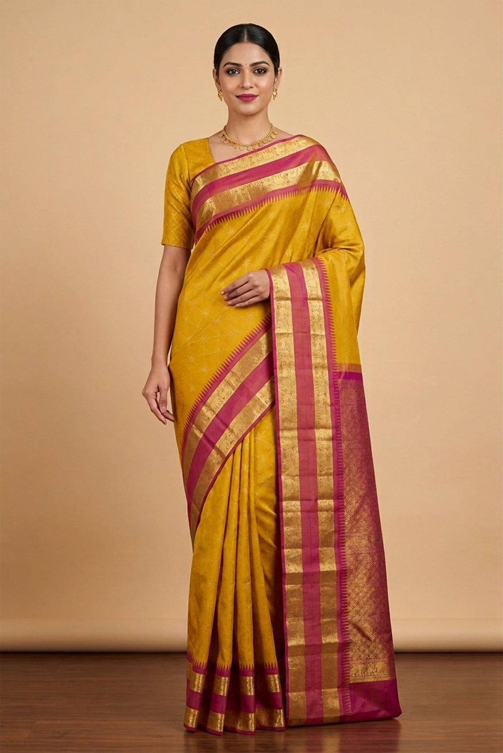 Model wearing a Yellow Kanchipuram Silk Saree