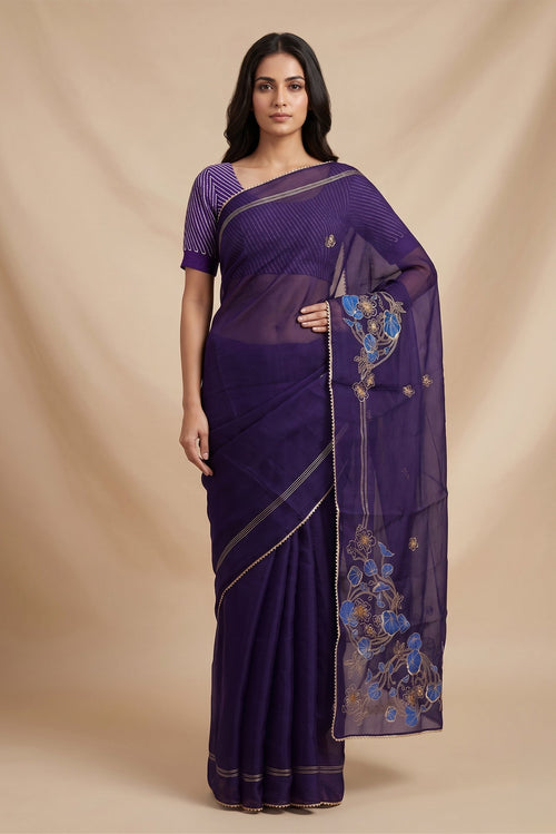 Model wearing a Aboli-Navy Blue Organza Silk Saree