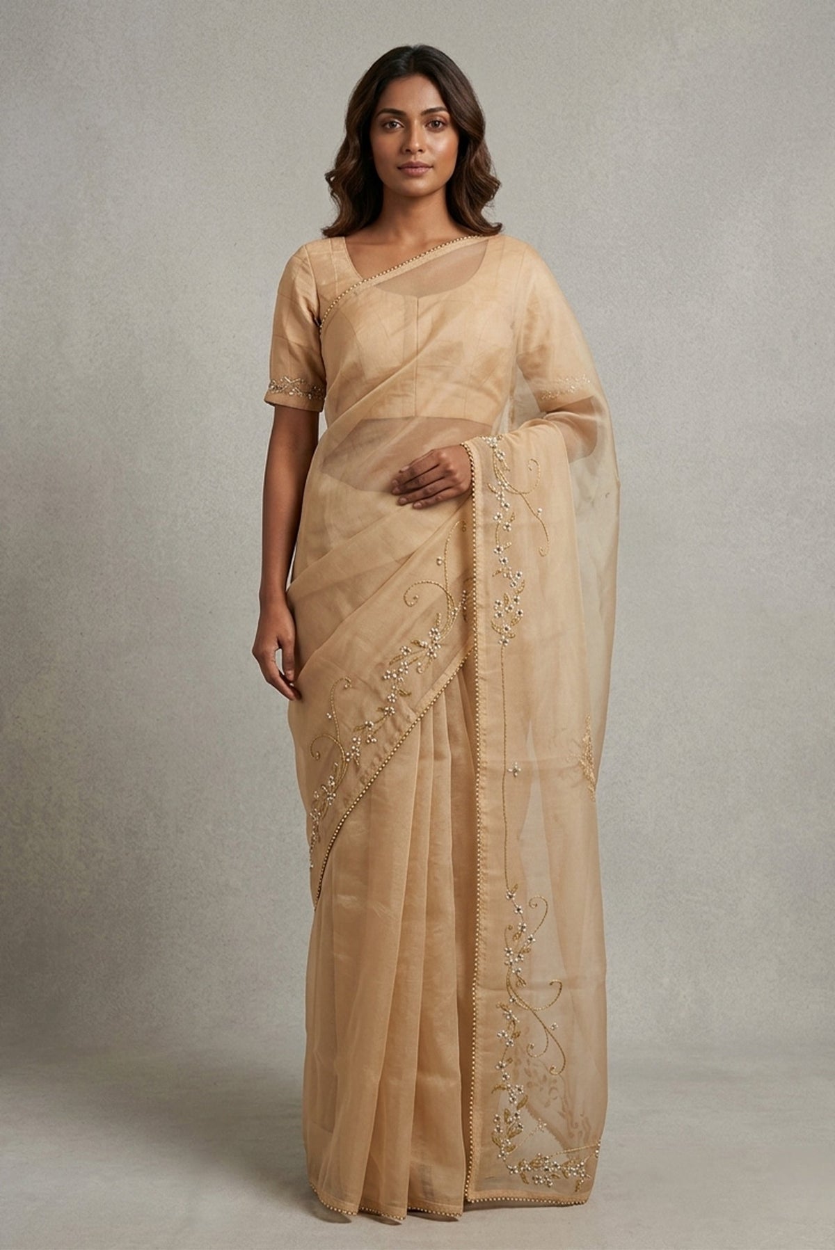 Mahira-Beige Zardozi Organza Silk Saree