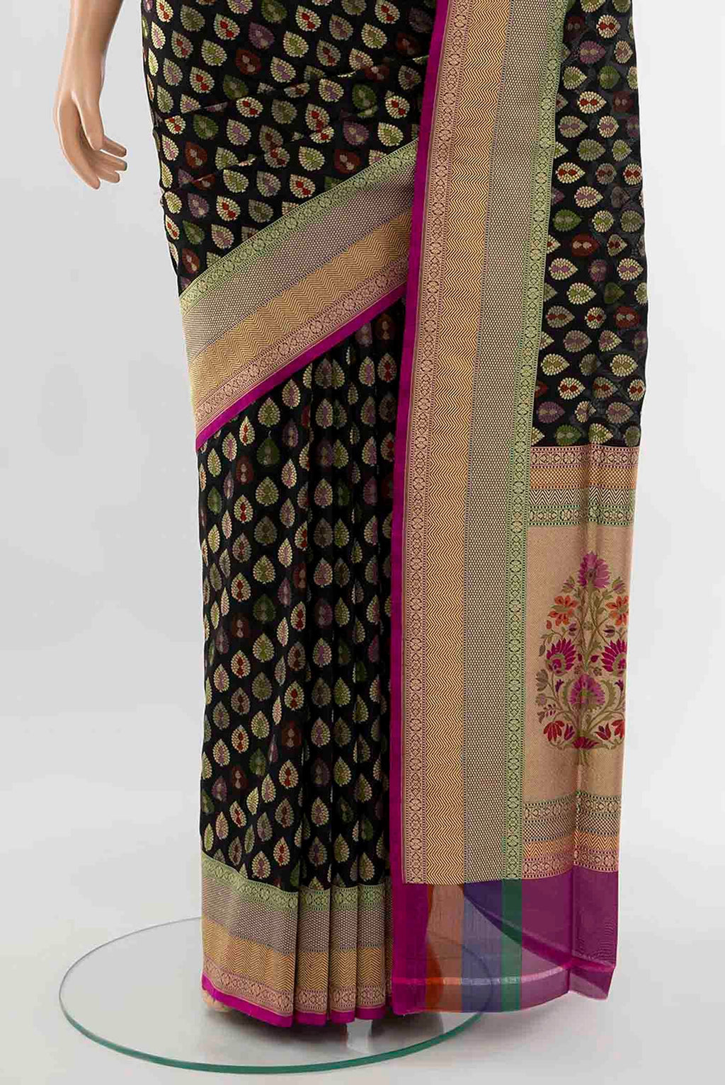 Pleats and pallu of Black Banarasi Silk Saree with Zari Butta on the body and Fancy Border