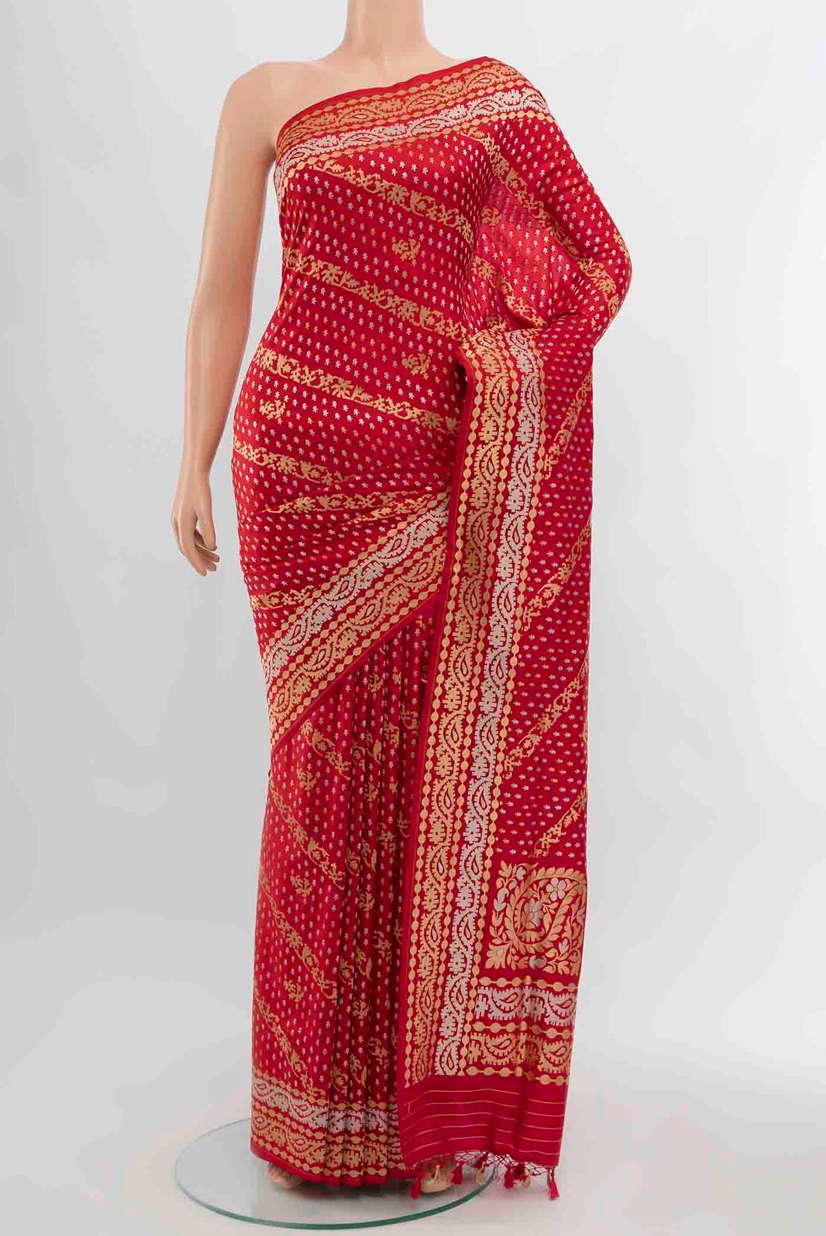Red Banarasi Silk Saree with Zari Butta on the body and Silk Border displayed on a mannequin