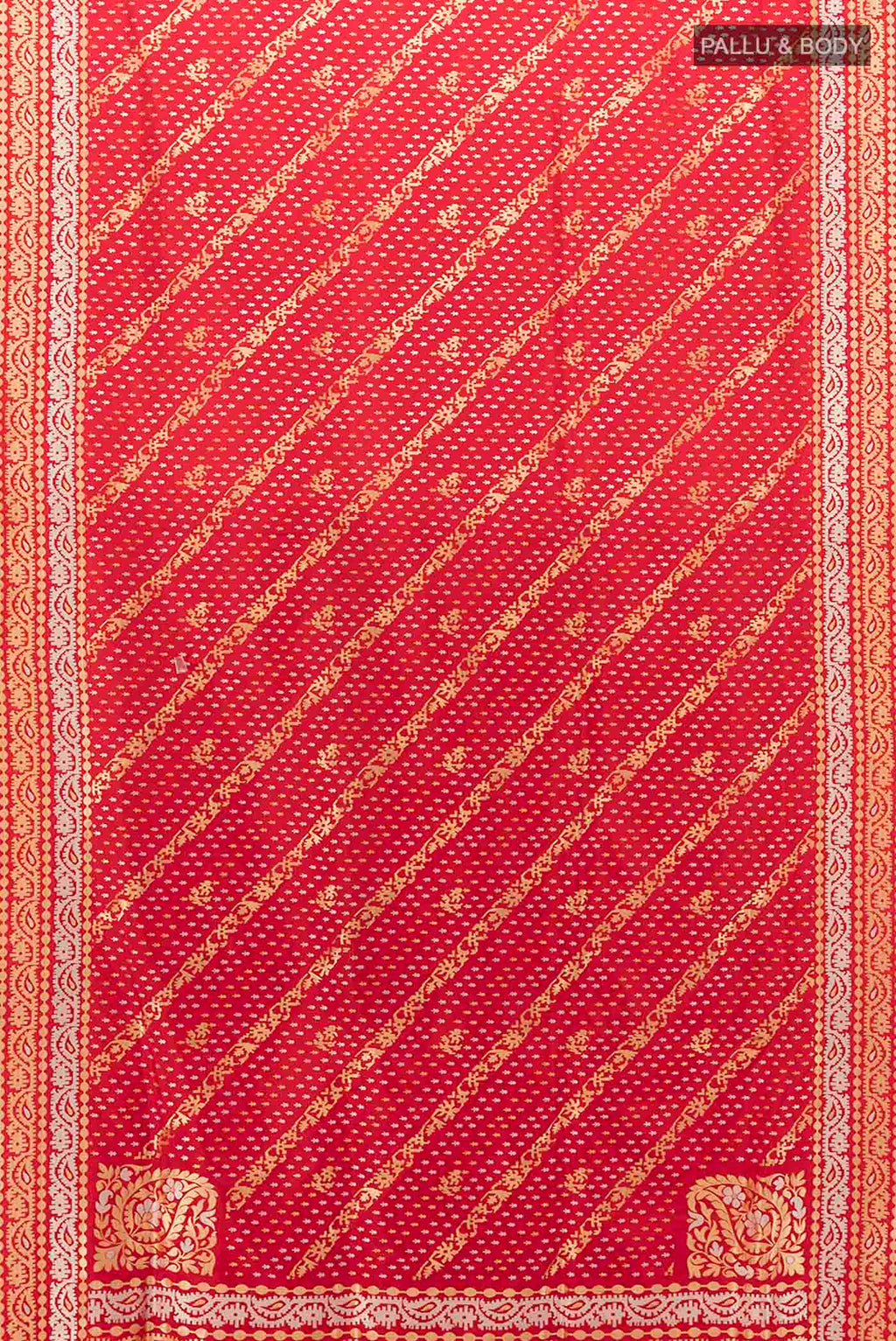 Flat view of Red Banarasi Silk Saree with Zari Butta on the body and Silk Border