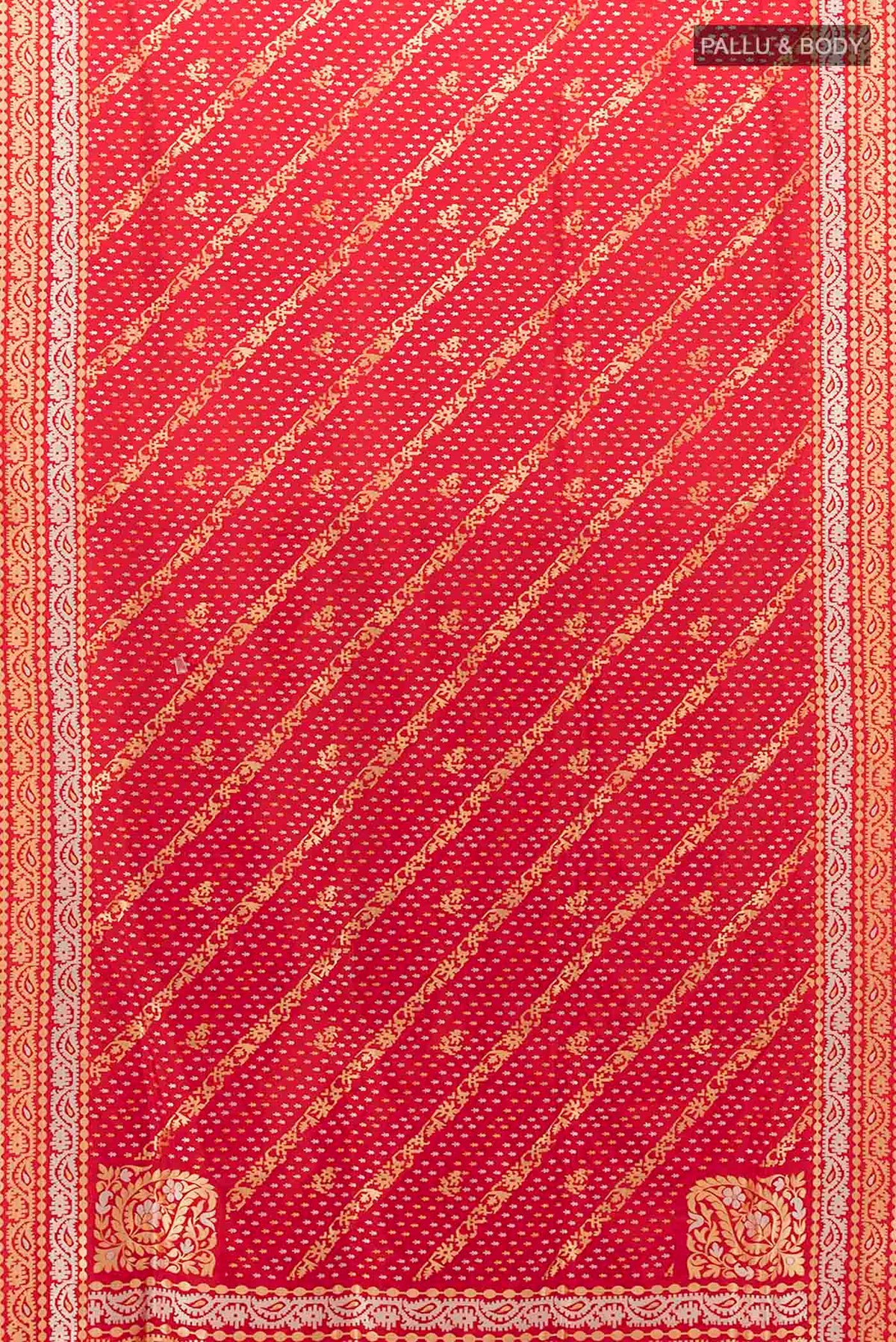 Flat view of Red Banarasi Silk Saree with Zari Butta on the body and Silk Border