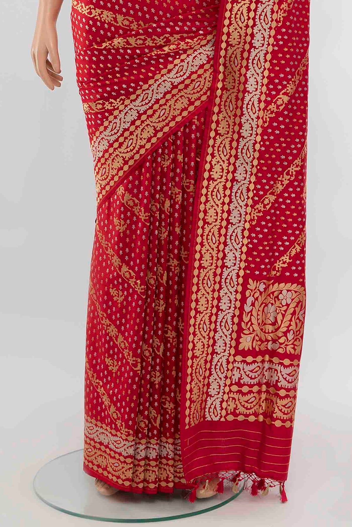 Pleats and pallu of Red Banarasi Silk Saree with Zari Butta on the body and Silk Border