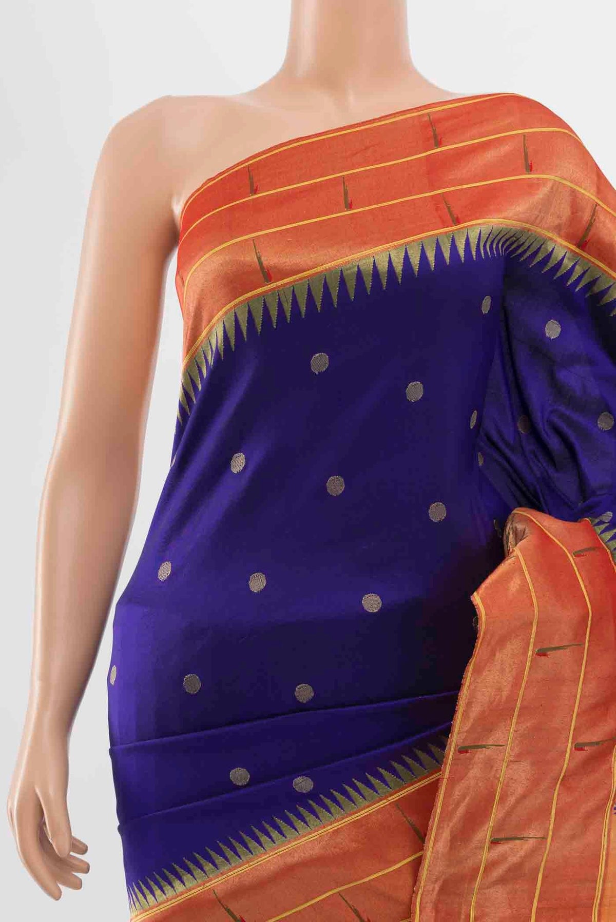 Border image of Dark Blue Paithani Silk Saree with Zari Butta on the body and Silk Border