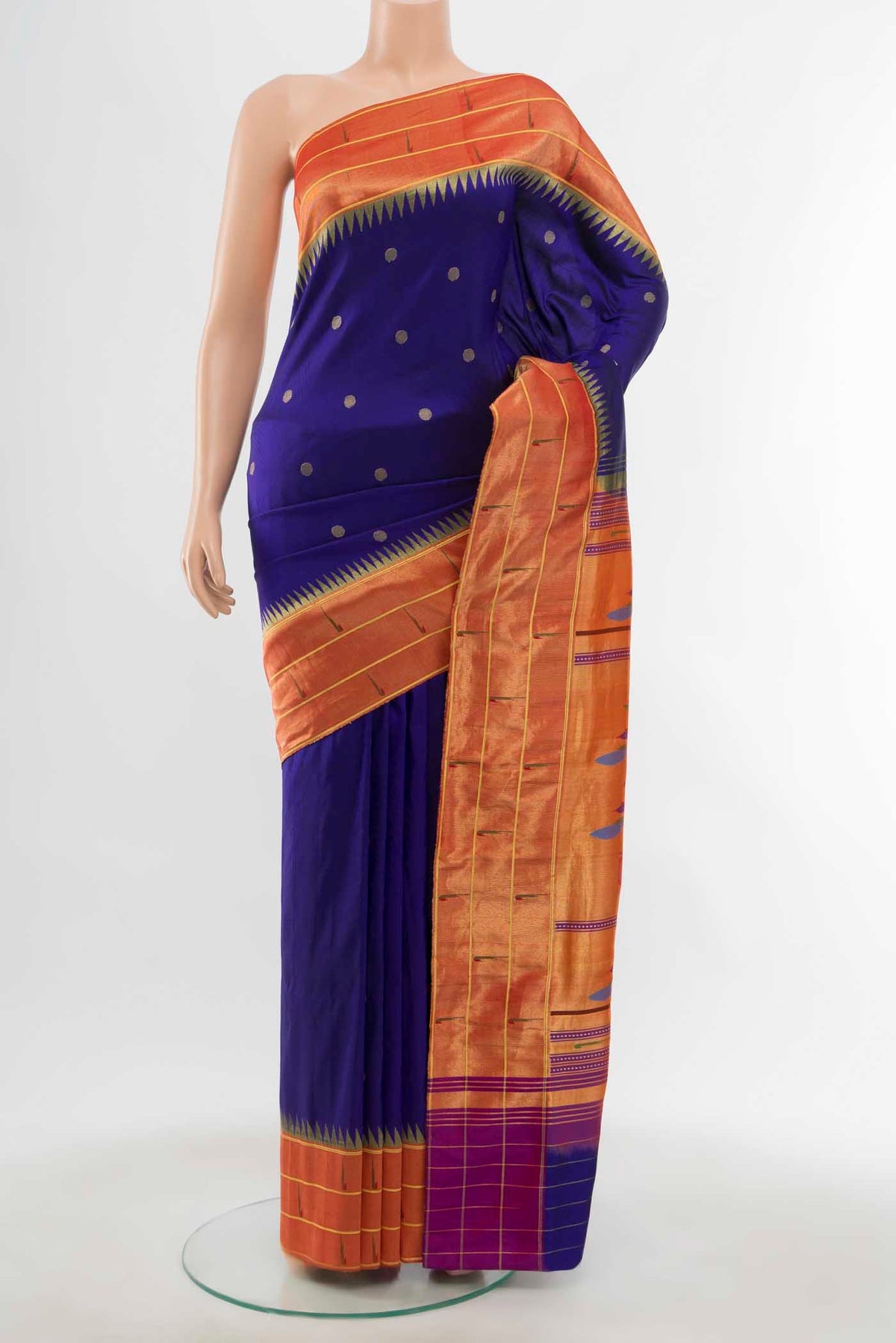 Dark Blue Paithani Silk Saree with Zari Butta on the body and Silk Border displayed on a mannequin
