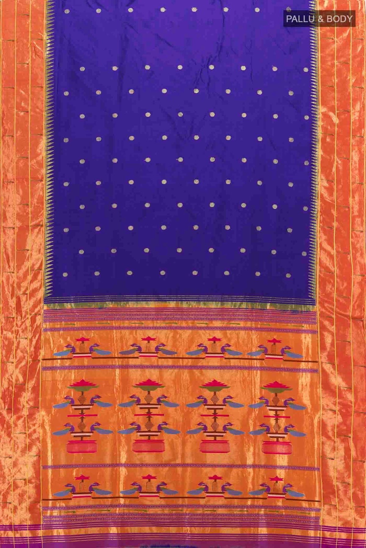 Flat view of Dark Blue Paithani Silk Saree with Zari Butta on the body and Silk Border