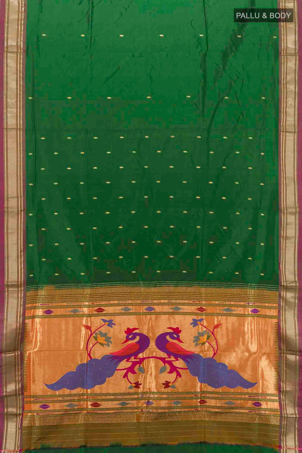 Flat view of Bottle Green Paithani Silk Saree with Zari Butta on the body and Silk Border