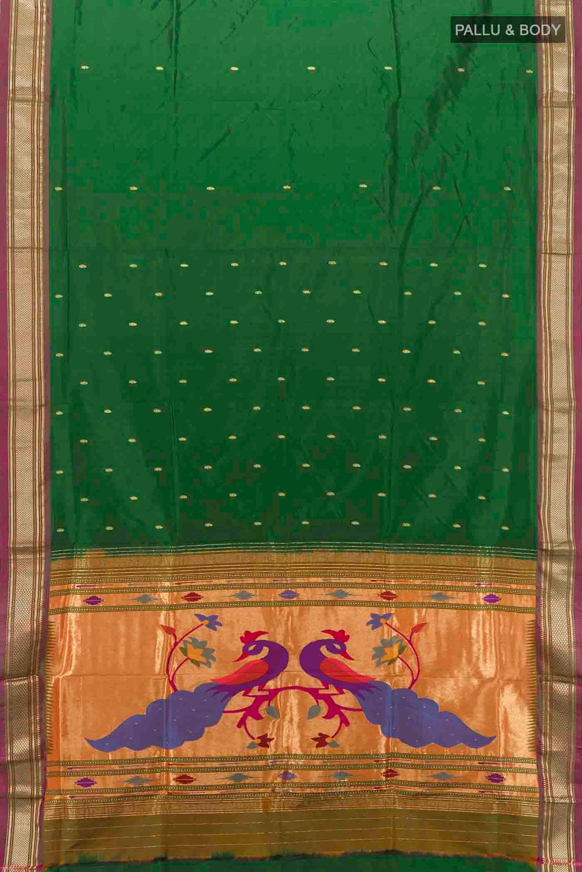 Flat view of Bottle Green Paithani Silk Saree with Zari Butta on the body and Silk Border
