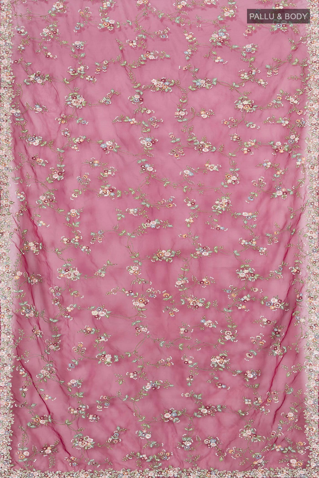 Flat view of Maroon Embroidery Net Saree with Embroidery on the body and Embroidery Border. 