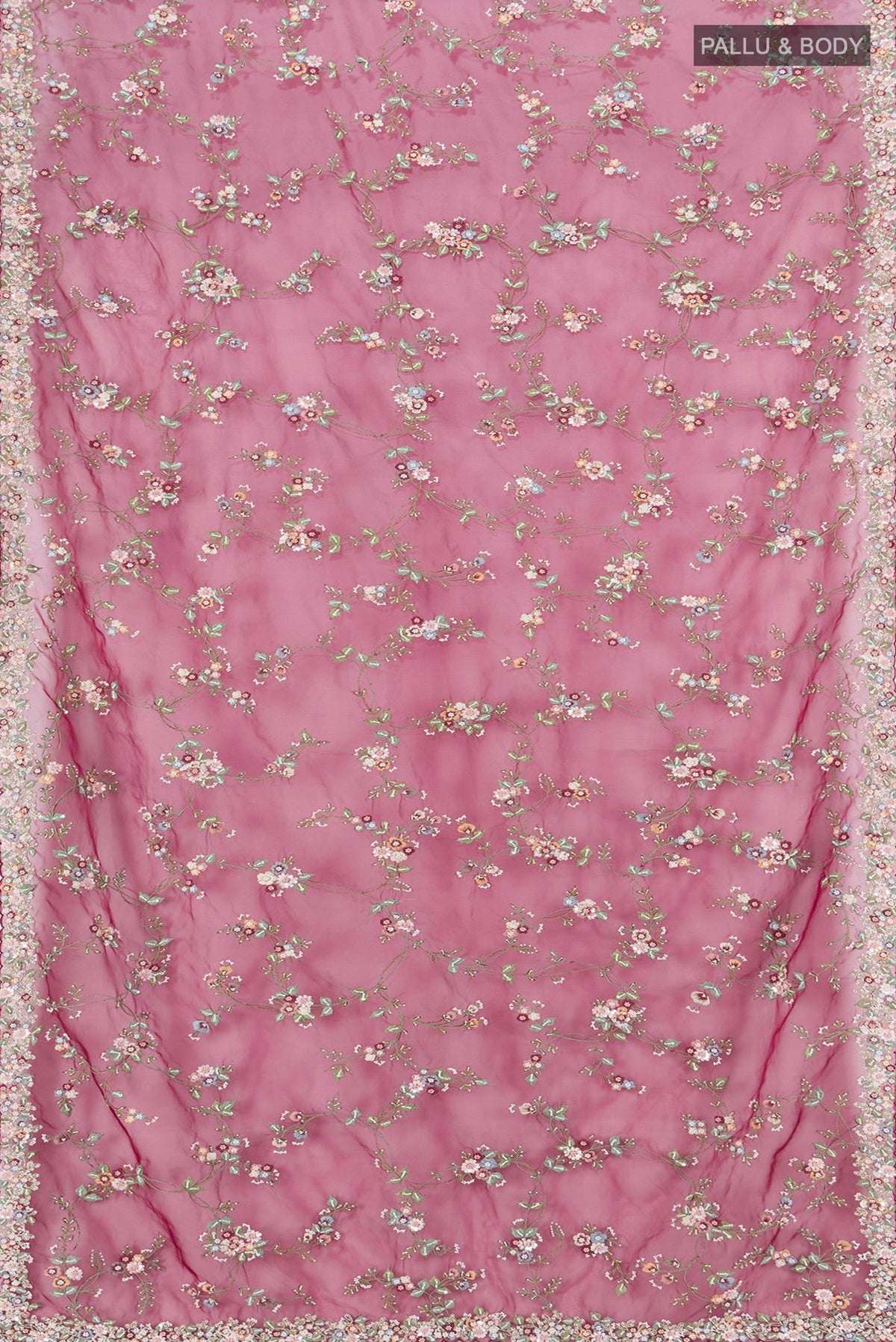 Flat view of Maroon Embroidery Net Saree with Embroidery on the body and Embroidery Border. 