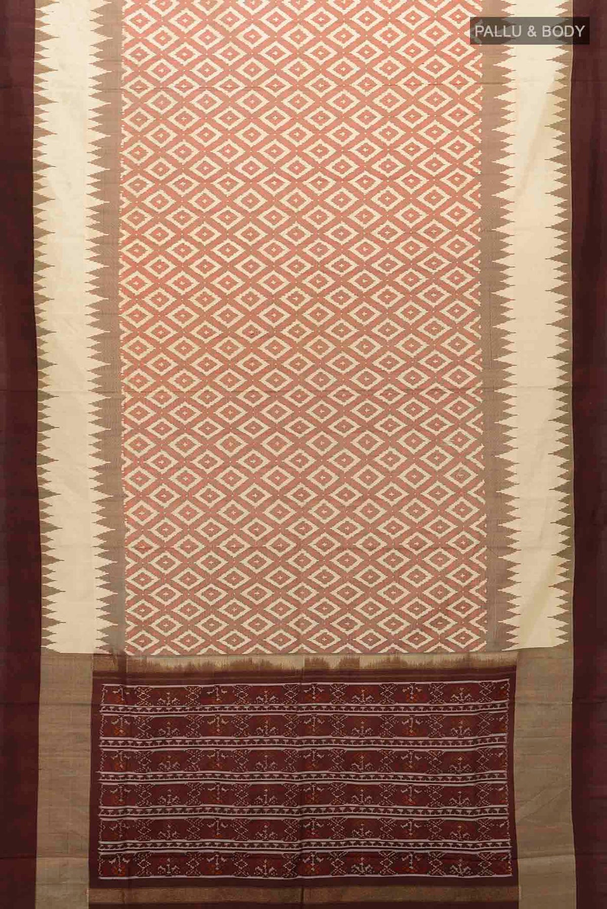 Flat view of Cream Pochampally Silk Saree with Zari Butta on the body and Silk Border