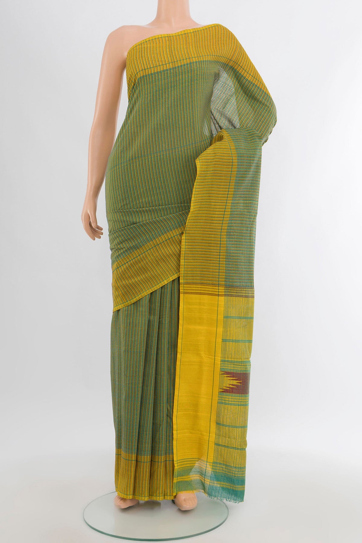 Green Art Silk Saree with Checked design on the body and Checks Border.  displayed on a mannequin