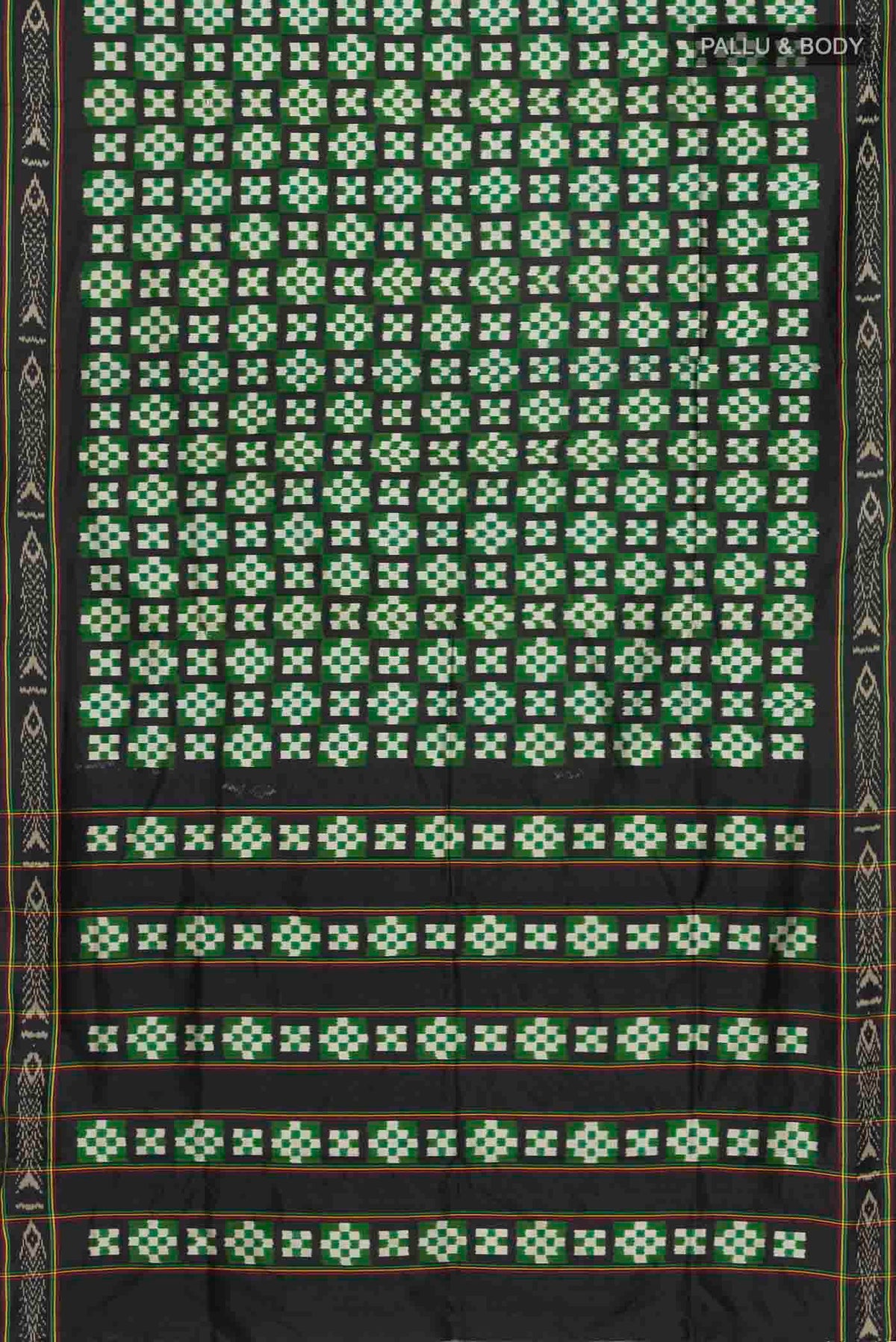Flat view of Multi Color Pochampally Silk Saree with Pure Ikat on the body and Ikat Border