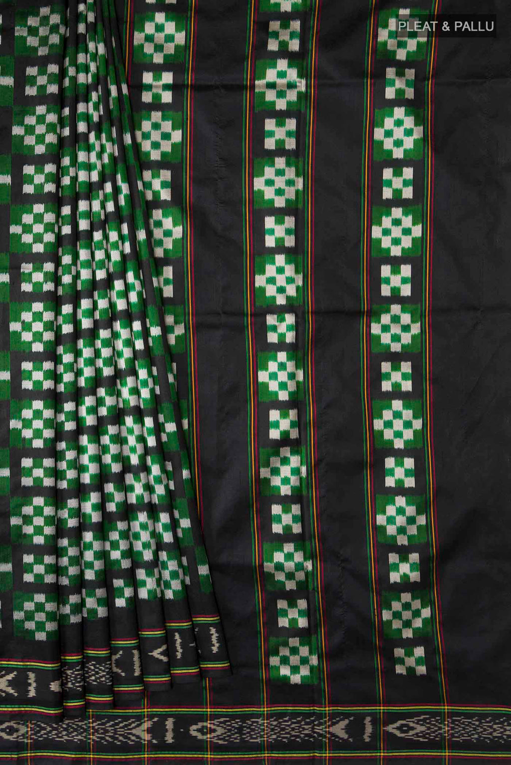 Pleats and pallu of Multi Color Pochampally Silk Saree with Pure Ikat on the body and Ikat Border