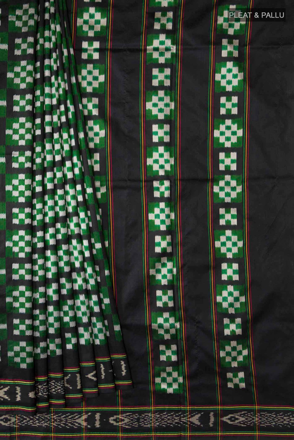 Pleats and pallu of Multi Color Pochampally Silk Saree with Pure Ikat on the body and Ikat Border
