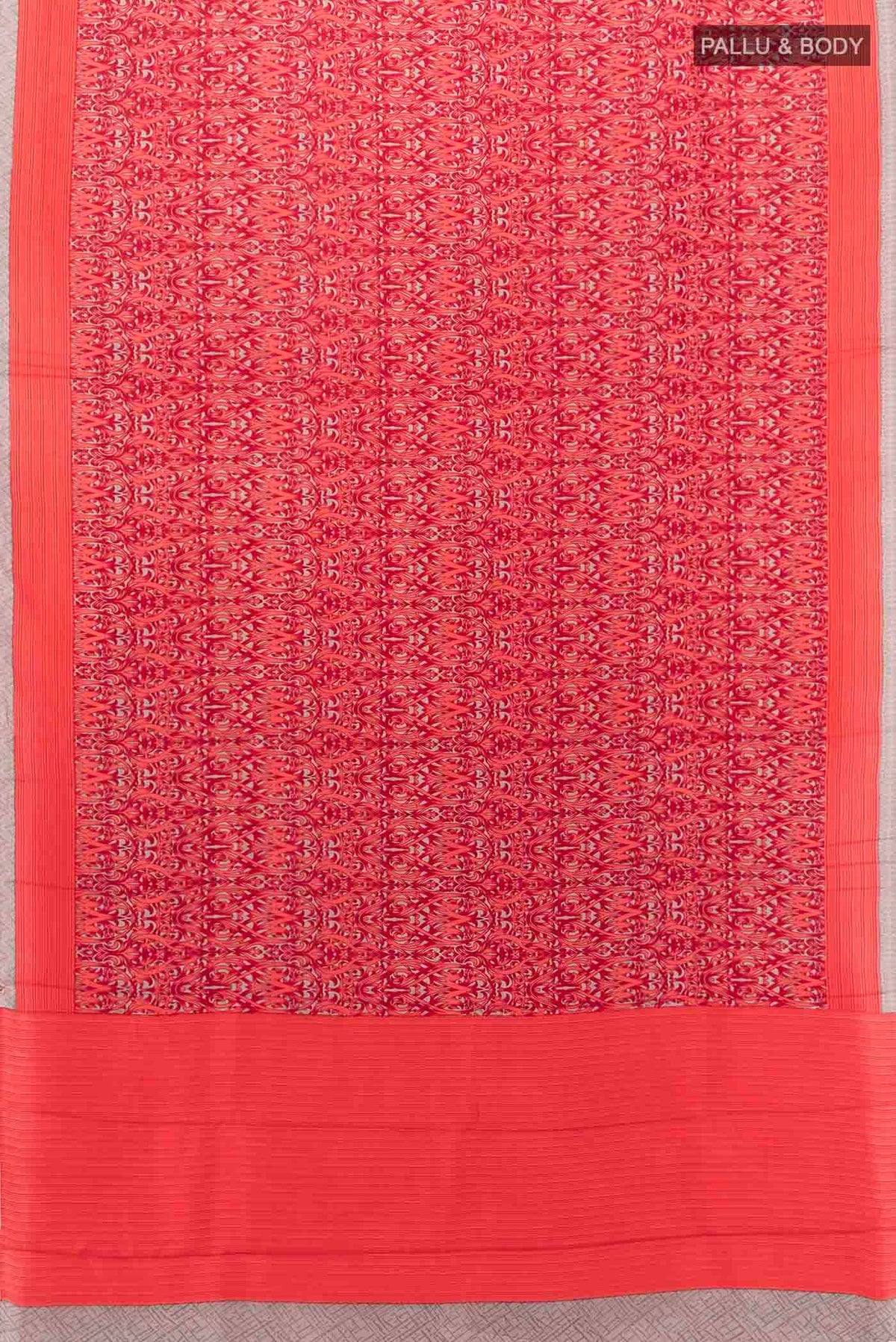 Flat view of Red Printed Silk Saree with Floral Print on the body and Silk Border