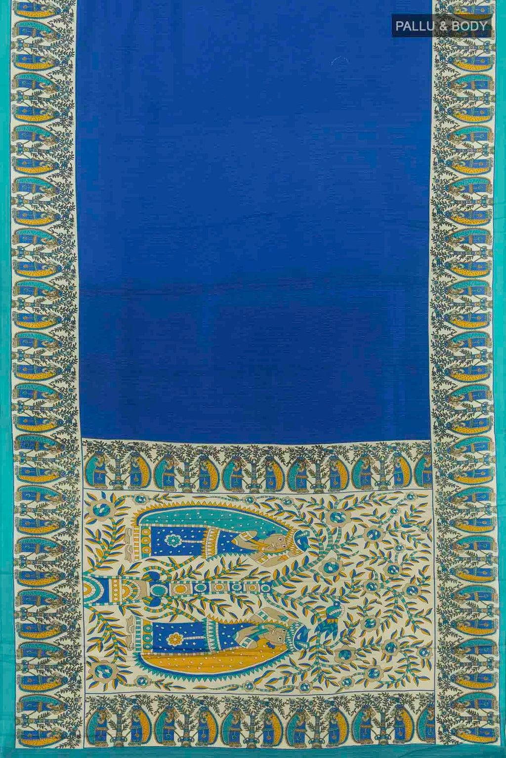 Flat view of Blue Printed Silk Saree with Floral Print on the body and Silk Border