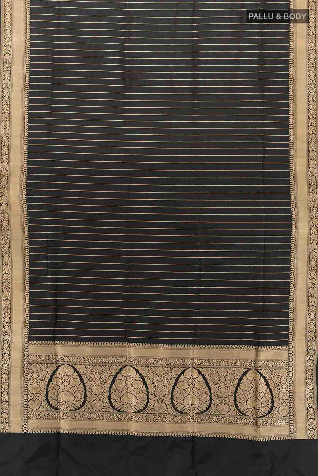 Flat view of Black Banarasi Silk Saree with Zari Butta on the body and Silk Border