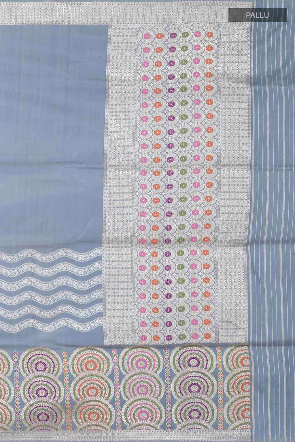 Close up image of the pallu of Grey Banarasi Silk Saree with Plain Body and Zari Border