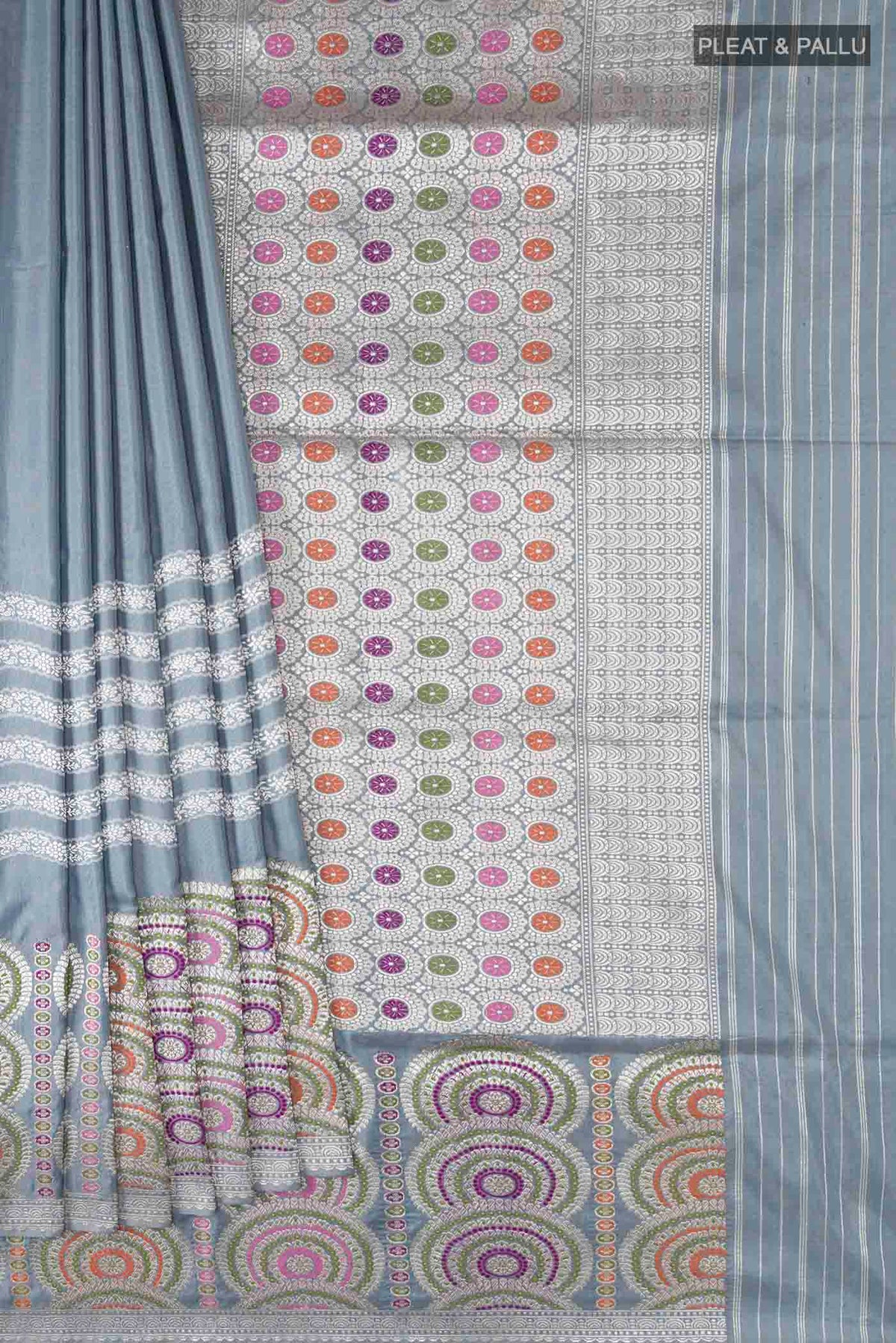 Pleats and pallu of Grey Banarasi Silk Saree with Plain Body and Zari Border