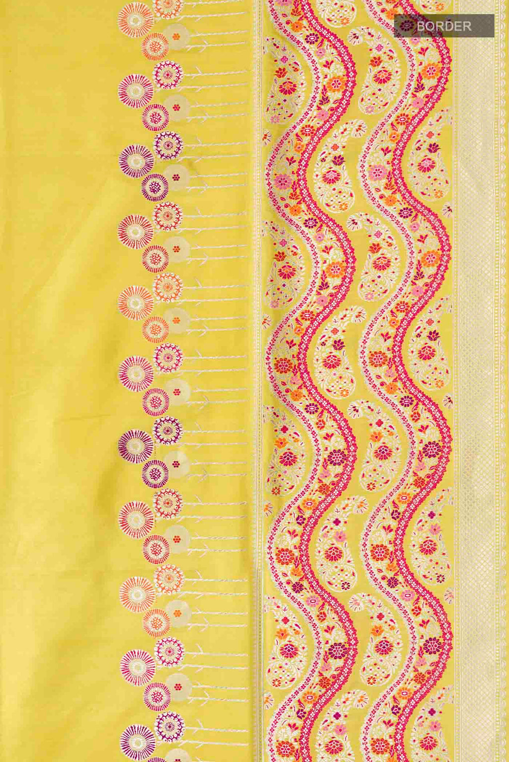 Border image of Yellow Banarasi Silk Saree with Plain Body and Zari Border