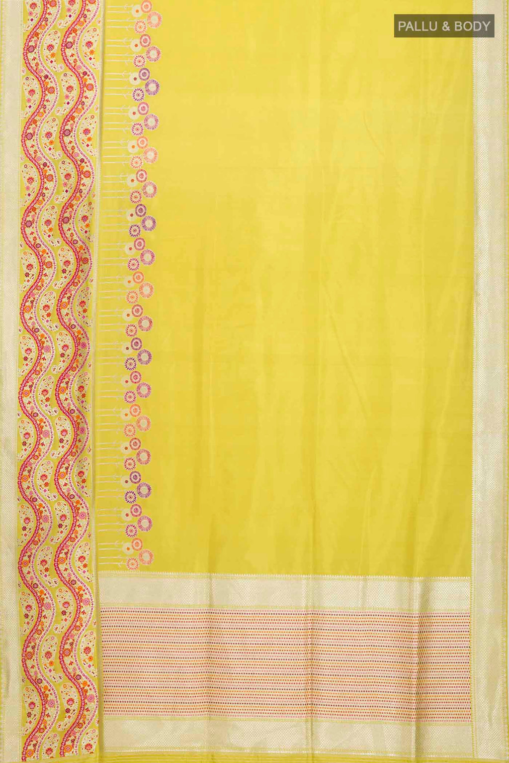 Flat view of Yellow Banarasi Silk Saree with Plain Body and Zari Border