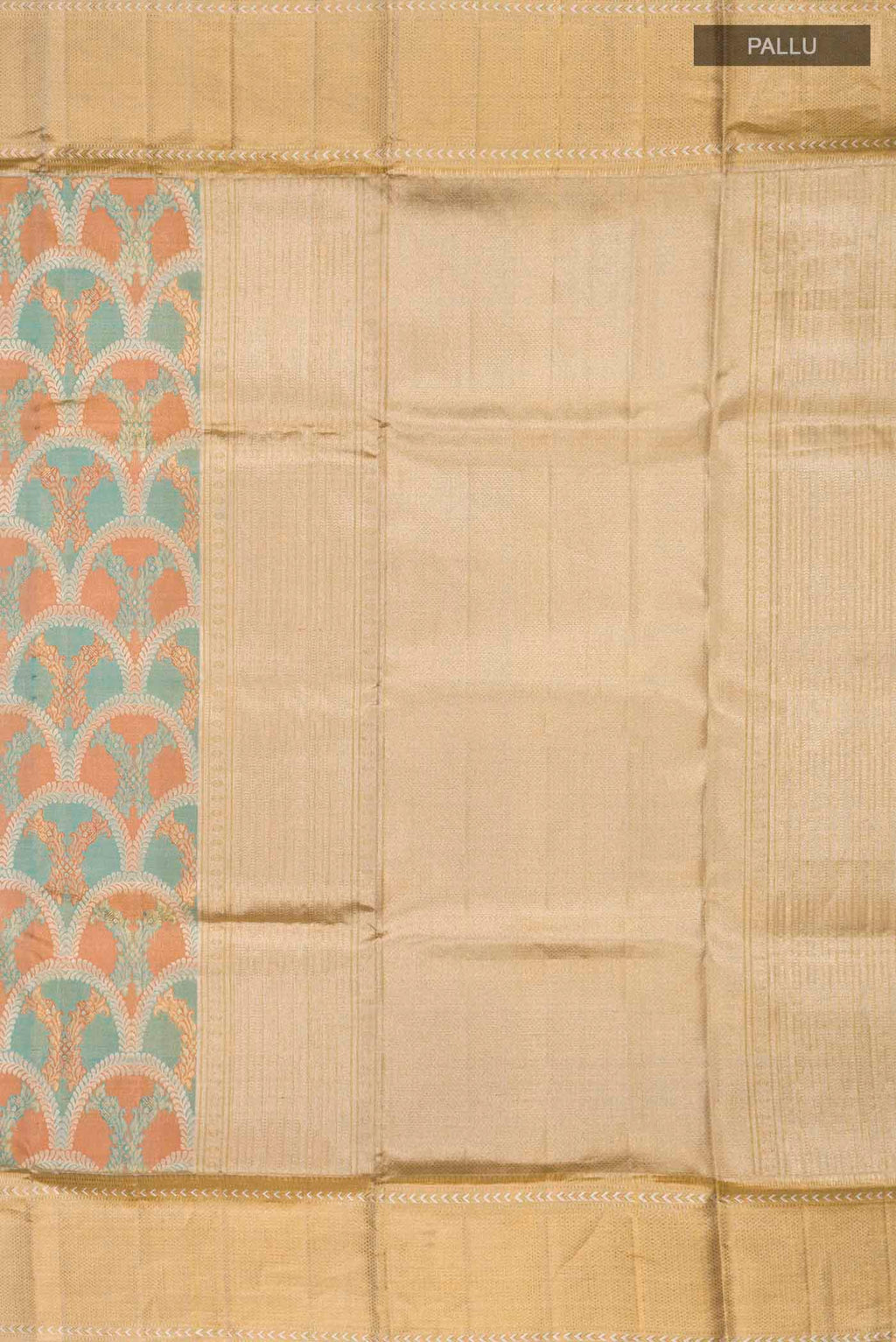 Close up image of the pallu of Pure Silk Pure Zari Multi Kanchipuram Tissue Saree with Zari Brocade on the body and Zari Border